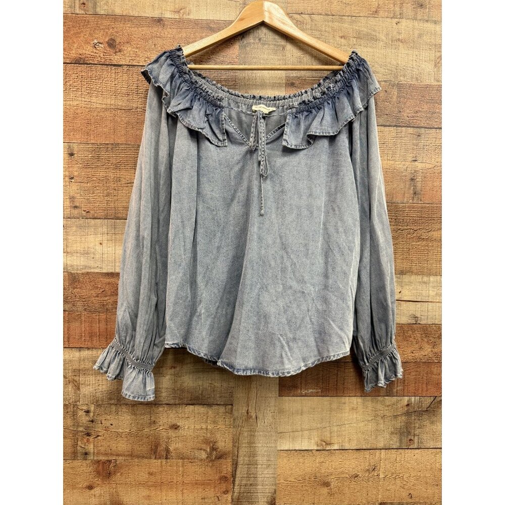 Chambray Denim Ruffle Long Sleeve Blouse size small
